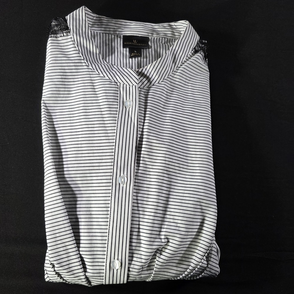 Worthington Womens L Black & White Stripe w/Lace Button Down Cinched Waist *read